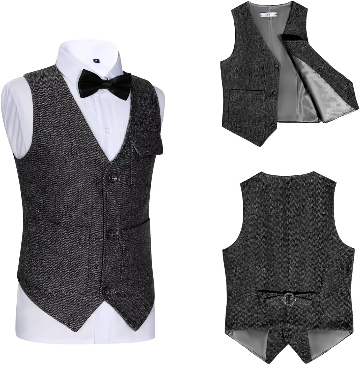 Retro Boys Tweed Vest for Kids Formal Dress Herringbone Suit Vest for Toddler Boy Wedding Waistcoat