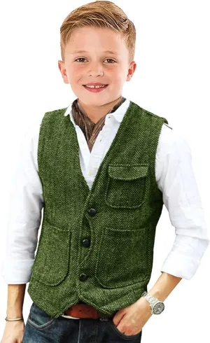 Retro Boys Tweed Vest for Kids Formal Dress Herringbone Suit Vest for Toddler Boy Wedding Waistcoat