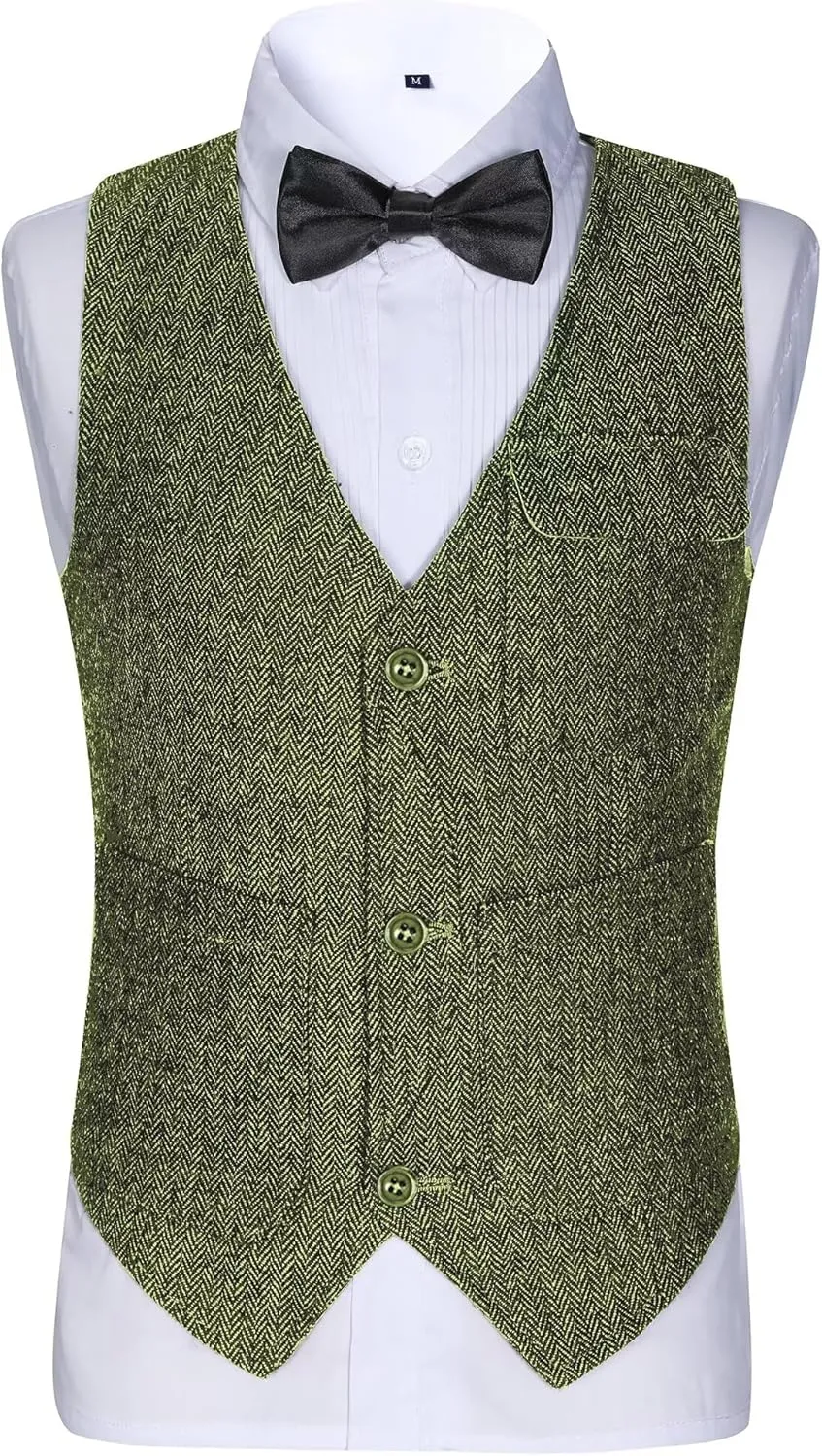 Retro Boys Tweed Vest for Kids Formal Dress Herringbone Suit Vest for Toddler Boy Wedding Waistcoat