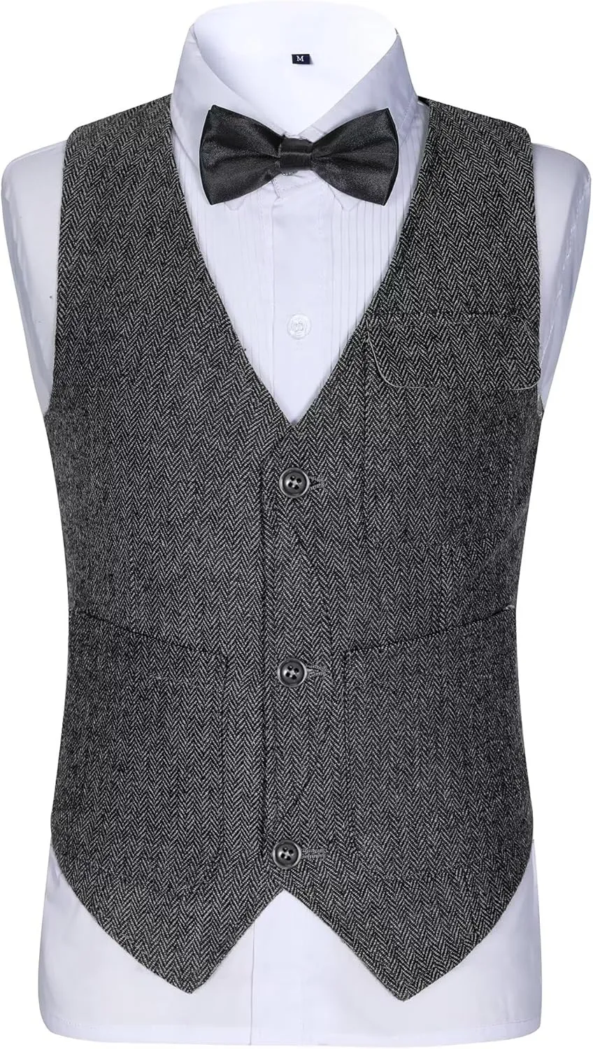 Retro Boys Tweed Vest for Kids Formal Dress Herringbone Suit Vest for Toddler Boy Wedding Waistcoat