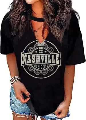 Rock Roll Criss-Cross Hollow Out T-Shirt Women Vintage Concert Rock Band Shirt Retro Country Music Short Sleeve Tops