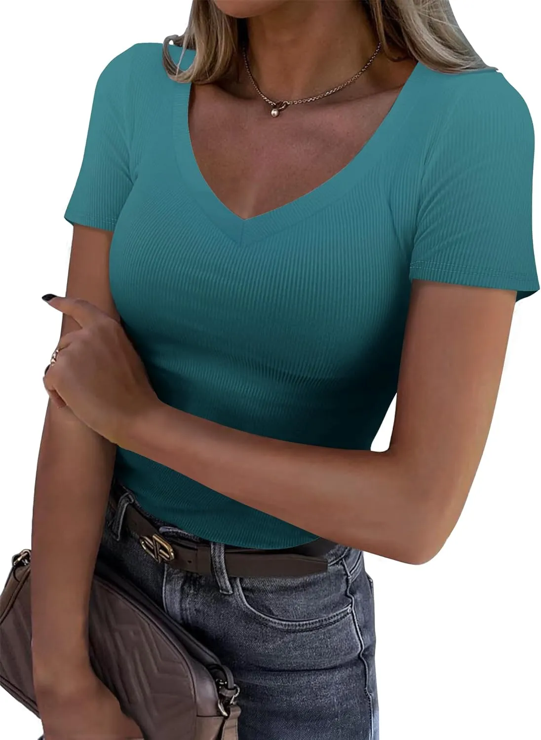 Roselux Women V Neck Ribbed Fitted Tight Tshirt Short Sleeve Shirt Basic Knit Top