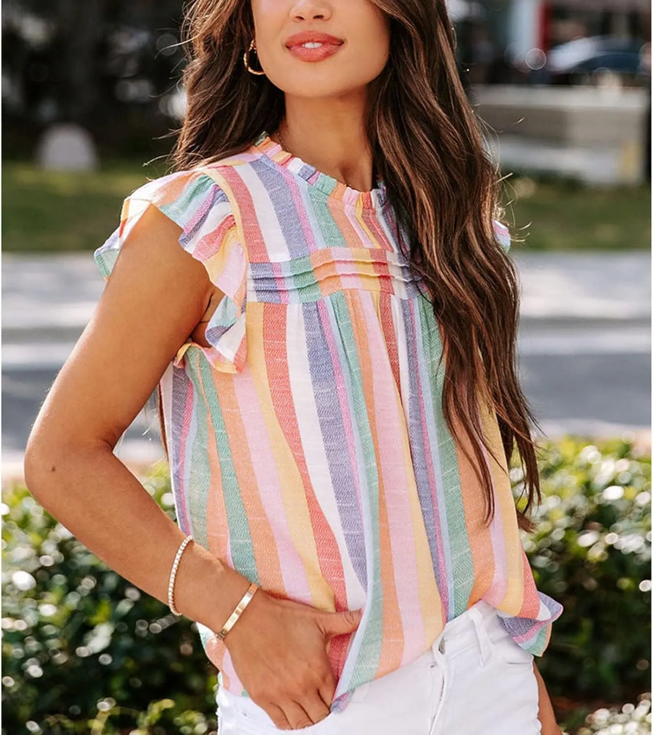 Ruffle Sleeveless Top, Loose Crewneck Color Block Tank Top Breathable Stylish for Women for Holiday Party