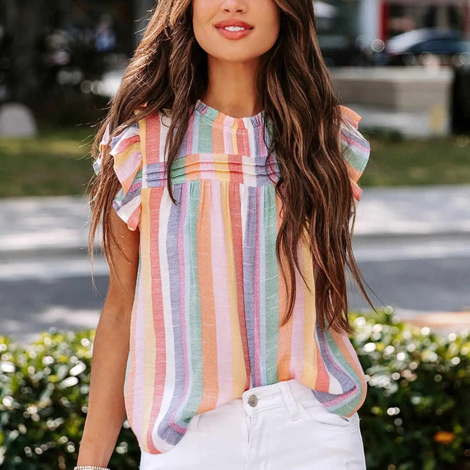 Ruffle Sleeveless Top, Loose Crewneck Color Block Tank Top Breathable Stylish for Women for Holiday Party
