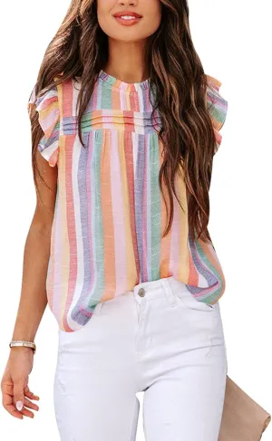 Ruffle Sleeveless Top, Loose Crewneck Color Block Tank Top Breathable Stylish for Women for Holiday Party