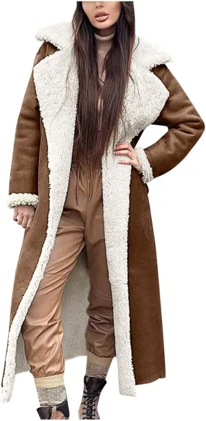 SACFOF Women Sherpa Lined Long Jacket Faux Leather Shearling Jacket Fur Collar Long Trench Coats Winter Lapel Fleece Coat