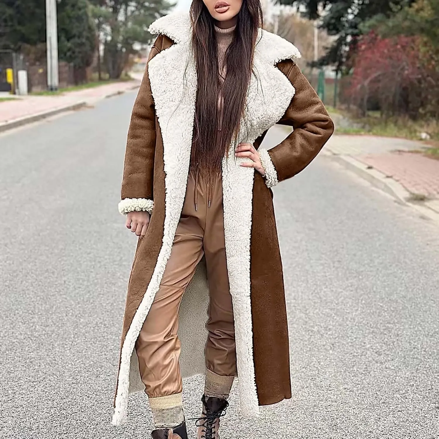 SACFOF Women Sherpa Lined Long Jacket Faux Leather Shearling Jacket Fur Collar Long Trench Coats Winter Lapel Fleece Coat
