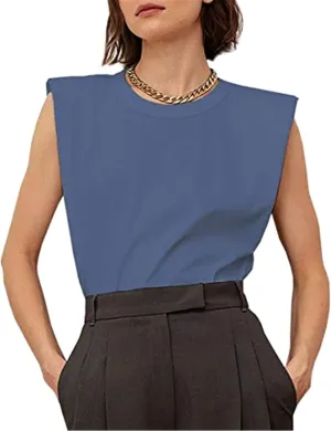 SAFRISIOR Women Loose Solid Shoulder Pads Sleeveless T-Shirt Casual Cotton Round Neck Tank Tee Top