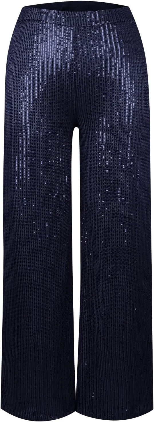 Sequin Pants Women Fashion High Waist Pant Sparkly Wide Leg Trousers Elastic Loose Side Zipper Shiny Pants