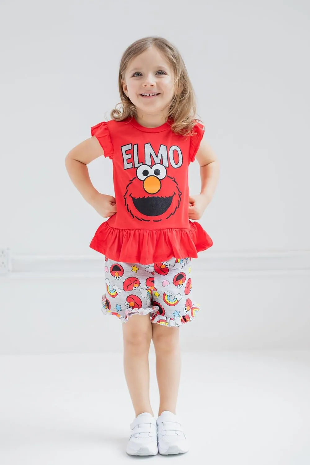 Sesame Street Elmo Baby Girls T-Shirt and French Terry Shorts Outfit Set Infant to Little Kid