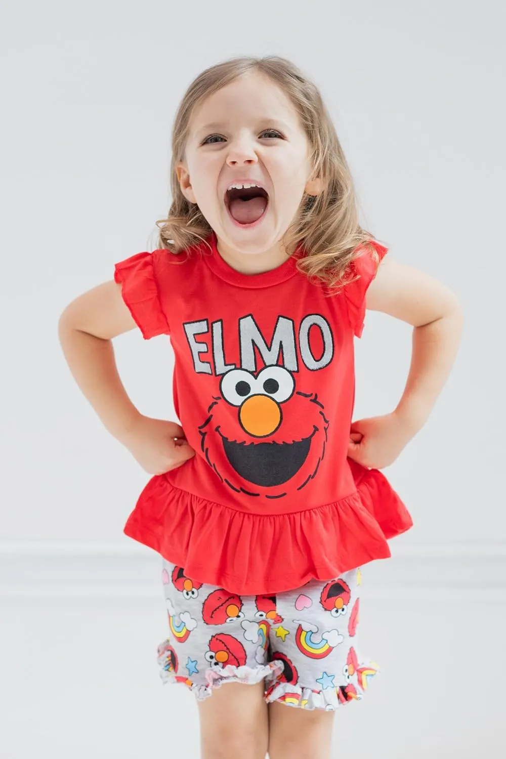 Sesame Street Elmo Baby Girls T-Shirt and French Terry Shorts Outfit Set Infant to Little Kid