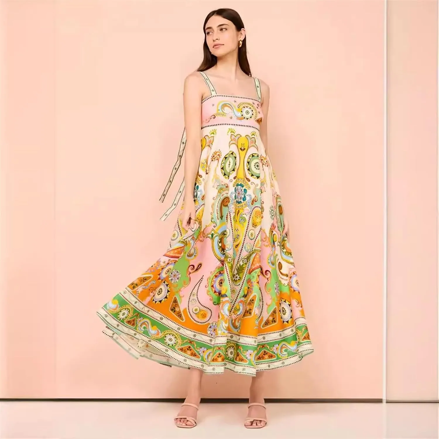 Sexy Camisole Cotton and Linen Big Swing Dress for Women, Casual Printed Long Skirt, Big Swing Dress