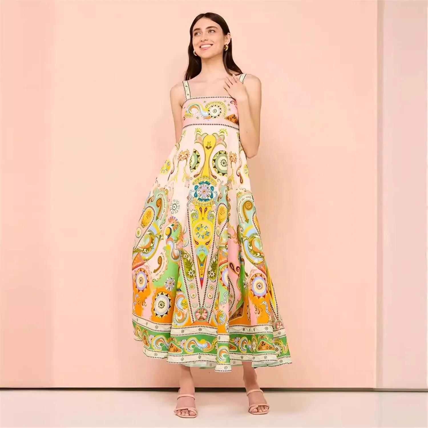 Sexy Camisole Cotton and Linen Big Swing Dress for Women, Casual Printed Long Skirt, Big Swing Dress