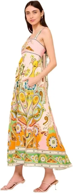 Sexy Camisole Cotton and Linen Big Swing Dress for Women, Casual Printed Long Skirt, Big Swing Dress