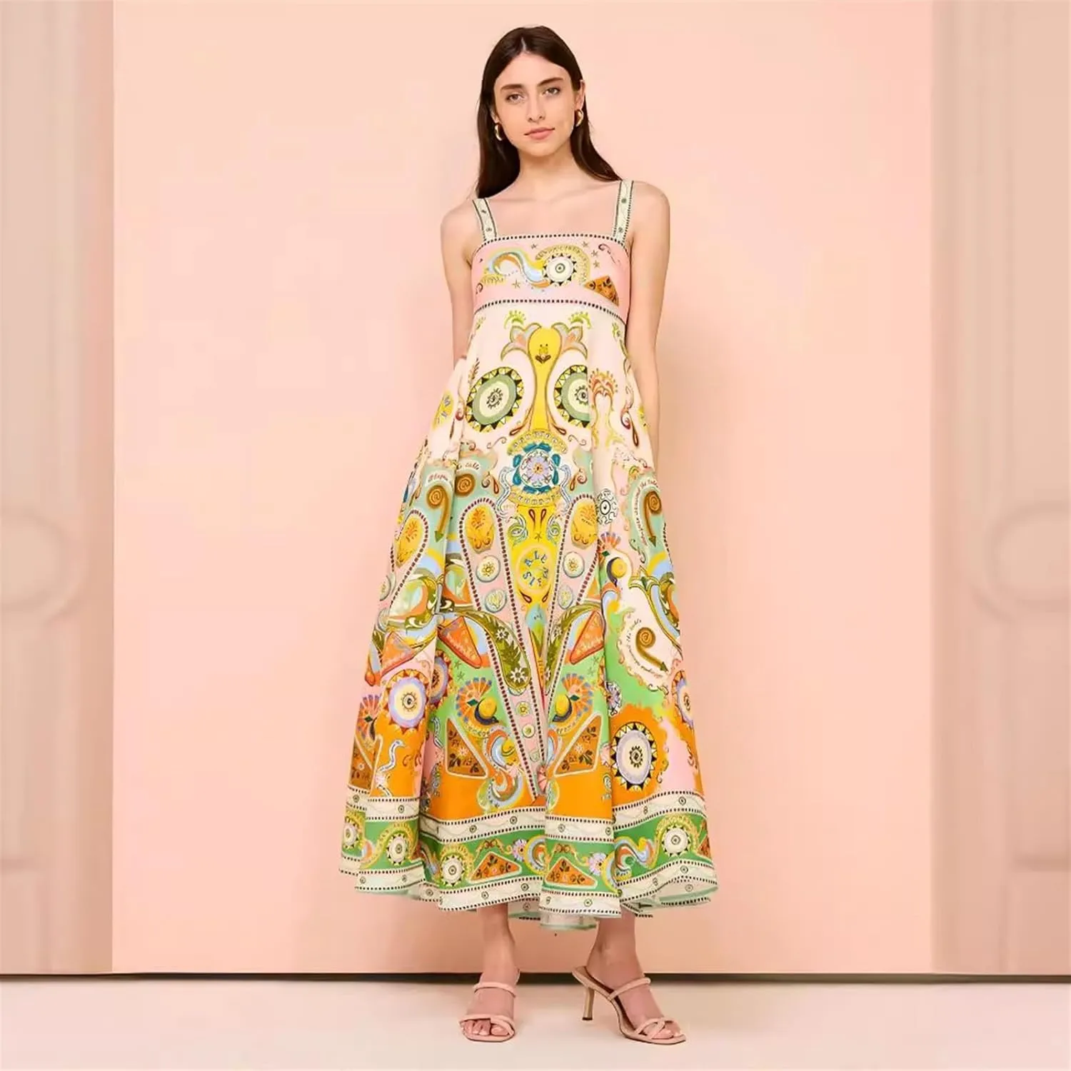 Sexy Camisole Cotton and Linen Big Swing Dress for Women, Casual Printed Long Skirt, Big Swing Dress