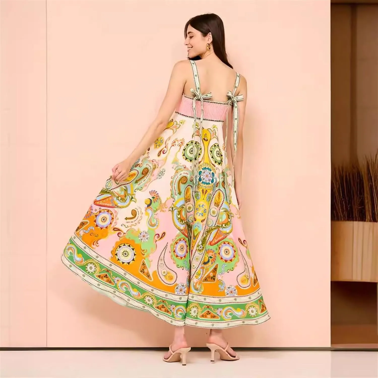 Sexy Camisole Cotton and Linen Big Swing Dress for Women, Casual Printed Long Skirt, Big Swing Dress
