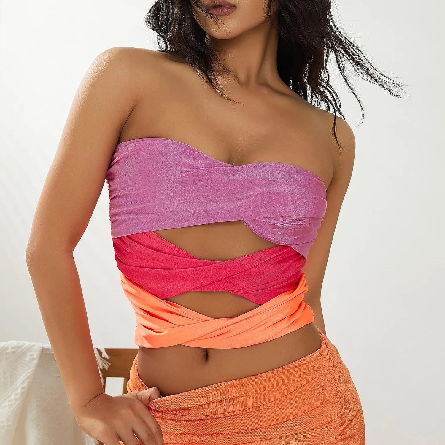 Sexy Strapless Crop Top for Womens Ribbed Knit Sleeveless Y2K Tube Summer Camisole Tank Top Vest Streewear