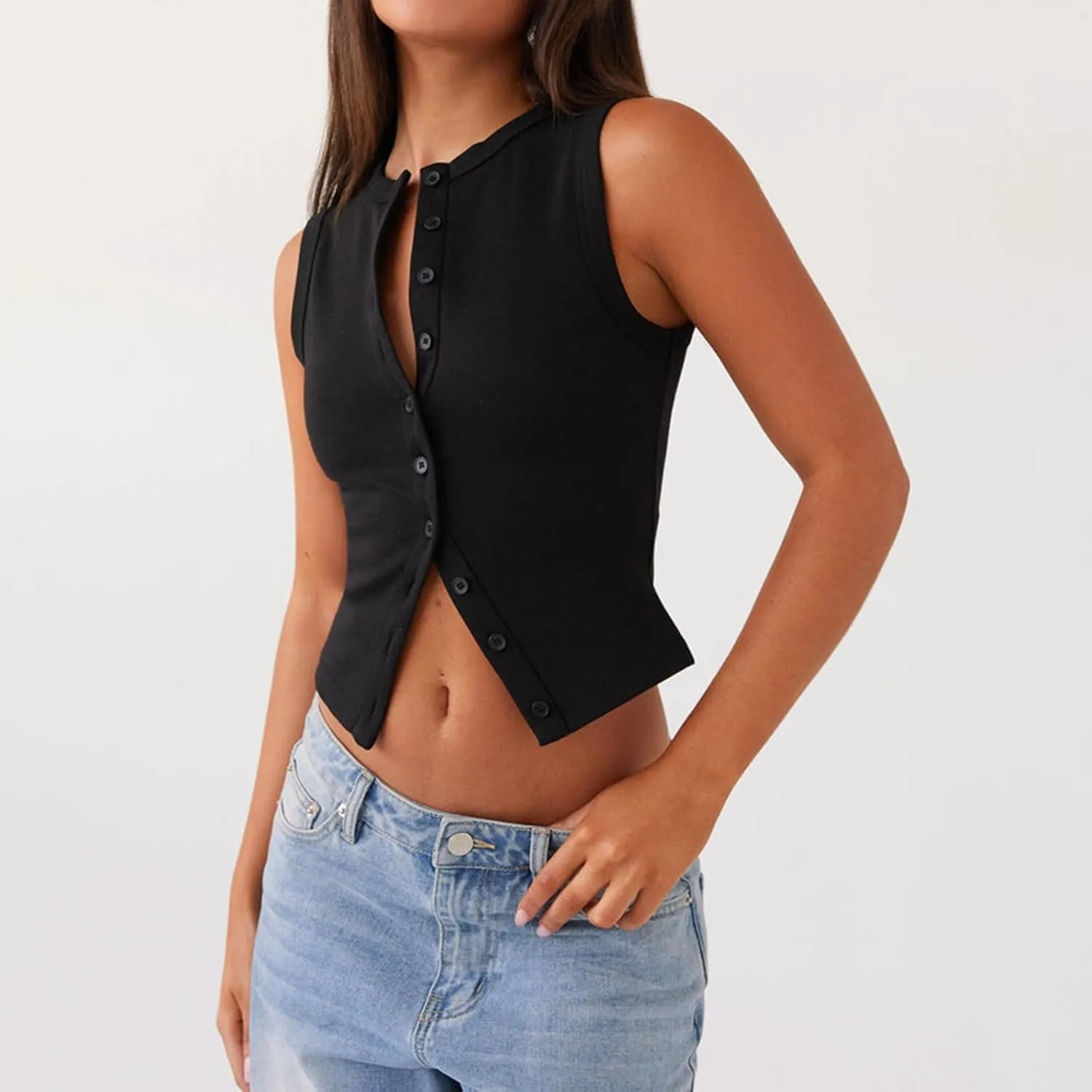 Seyurigaoka Women's Button Up Ribbed Knit Tank Top Open Front Crewneck Fitted Vest Top Sleeveless Basic Tops