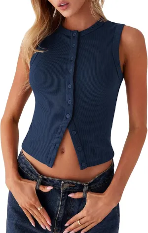 Seyurigaoka Women's Button Up Ribbed Knit Tank Top Open Front Crewneck Fitted Vest Top Sleeveless Basic Tops