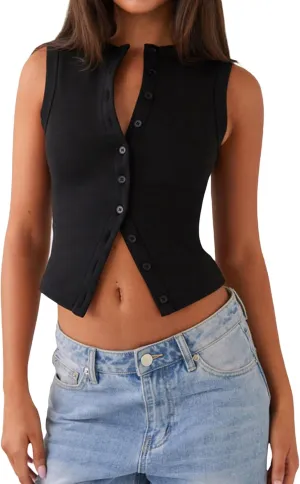 Seyurigaoka Women's Button Up Ribbed Knit Tank Top Open Front Crewneck Fitted Vest Top Sleeveless Basic Tops