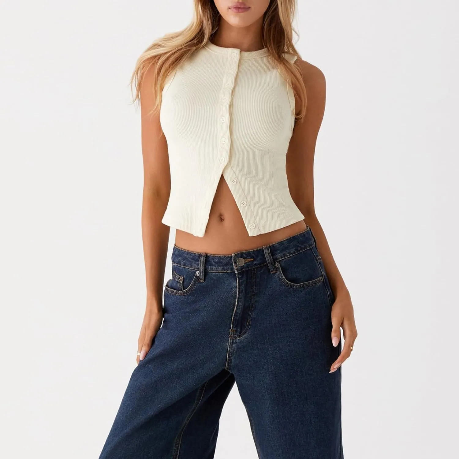 Seyurigaoka Women's Button Up Ribbed Knit Tank Top Open Front Crewneck Fitted Vest Top Sleeveless Basic Tops