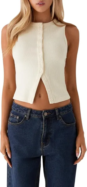 Seyurigaoka Women's Button Up Ribbed Knit Tank Top Open Front Crewneck Fitted Vest Top Sleeveless Basic Tops