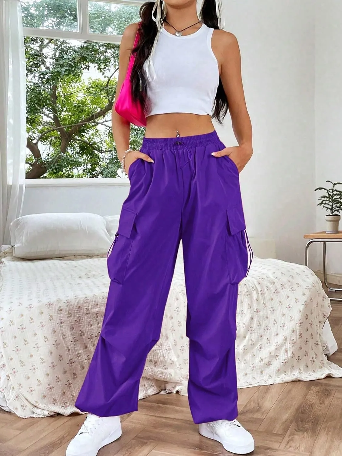 SHENHE Women's Baggy Loose Cargo Pants Drawstring Waist Joggers Long Trousers