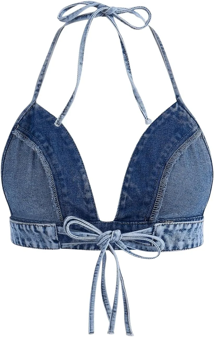 SHENHE Women's Denim Halter Top Tie Backless Triangle V Neck Sexy Jean Crop Top Country Western Bustier