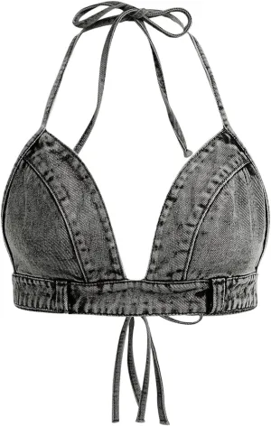 SHENHE Women's Denim Halter Top Tie Backless Triangle V Neck Sexy Jean Crop Top Country Western Bustier