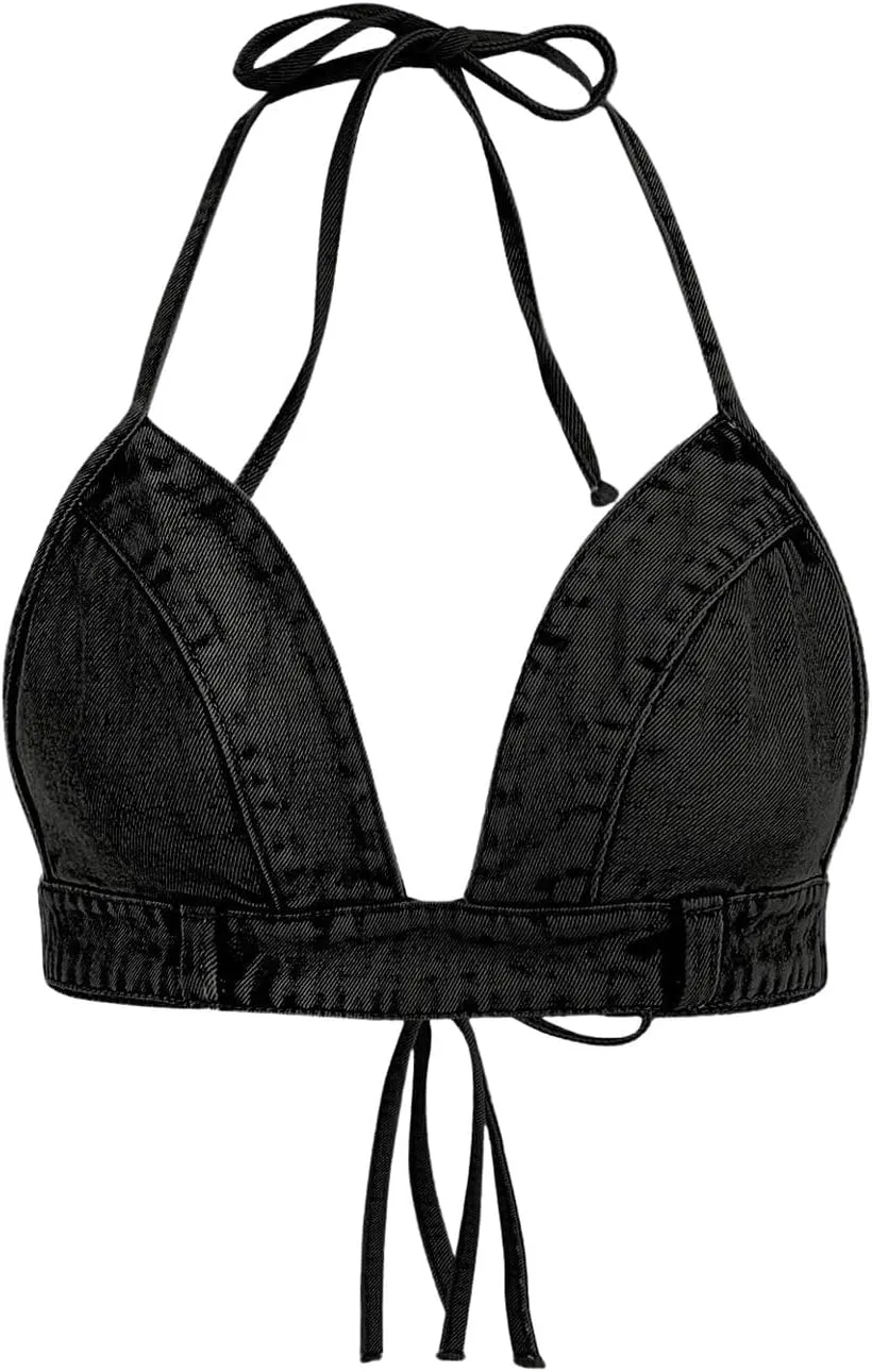 SHENHE Women's Denim Halter Top Tie Backless Triangle V Neck Sexy Jean Crop Top Country Western Bustier
