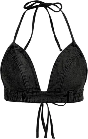 SHENHE Women's Denim Halter Top Tie Backless Triangle V Neck Sexy Jean Crop Top Country Western Bustier