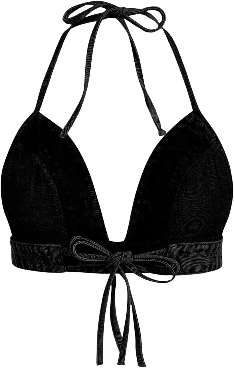 SHENHE Women's Denim Halter Top Tie Backless Triangle V Neck Sexy Jean Crop Top Country Western Bustier