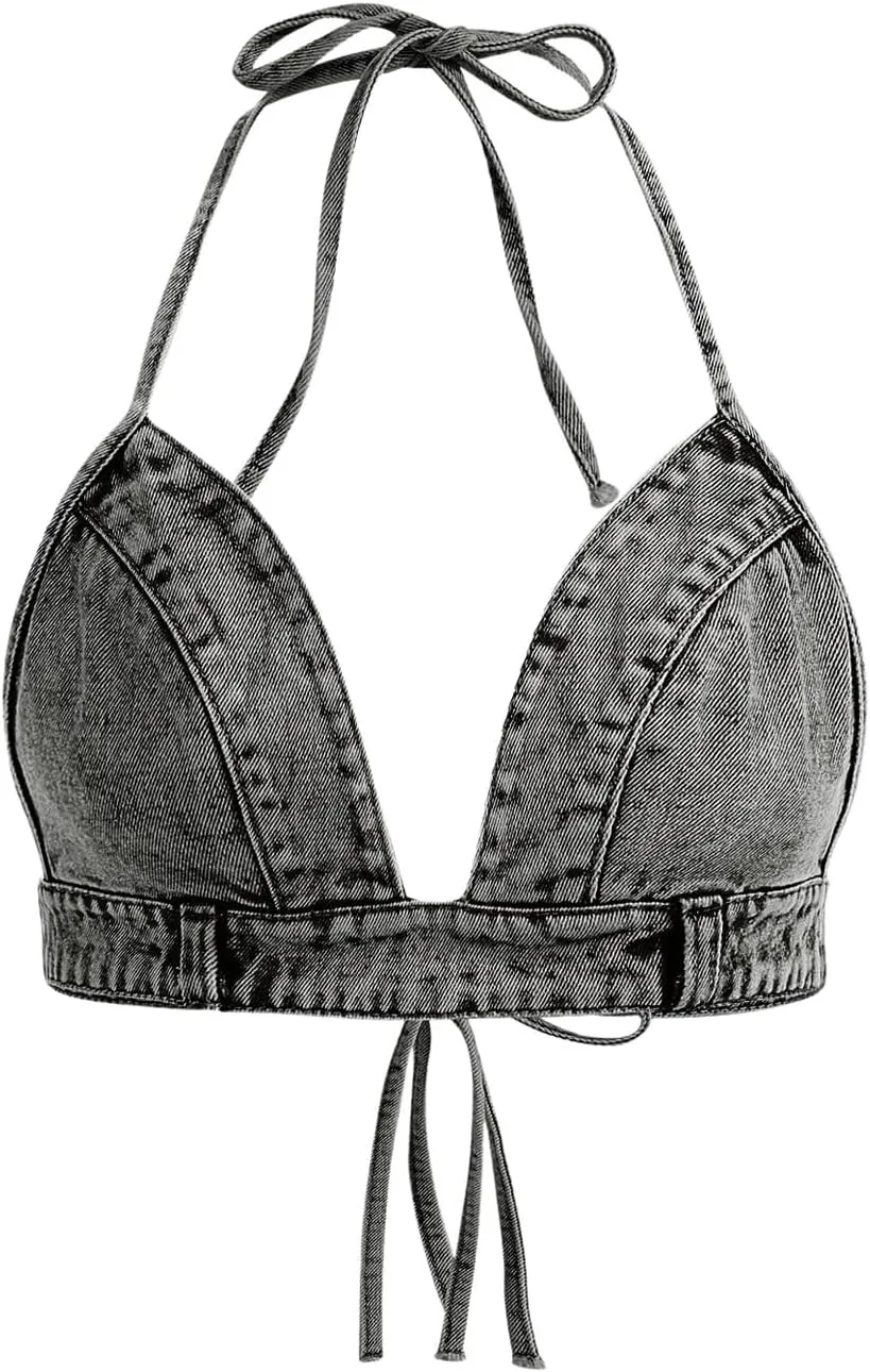 SHENHE Women's Denim Halter Top Tie Backless Triangle V Neck Sexy Jean Crop Top Country Western Bustier
