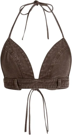 SHENHE Women's Denim Halter Top Tie Backless Triangle V Neck Sexy Jean Crop Top Country Western Bustier