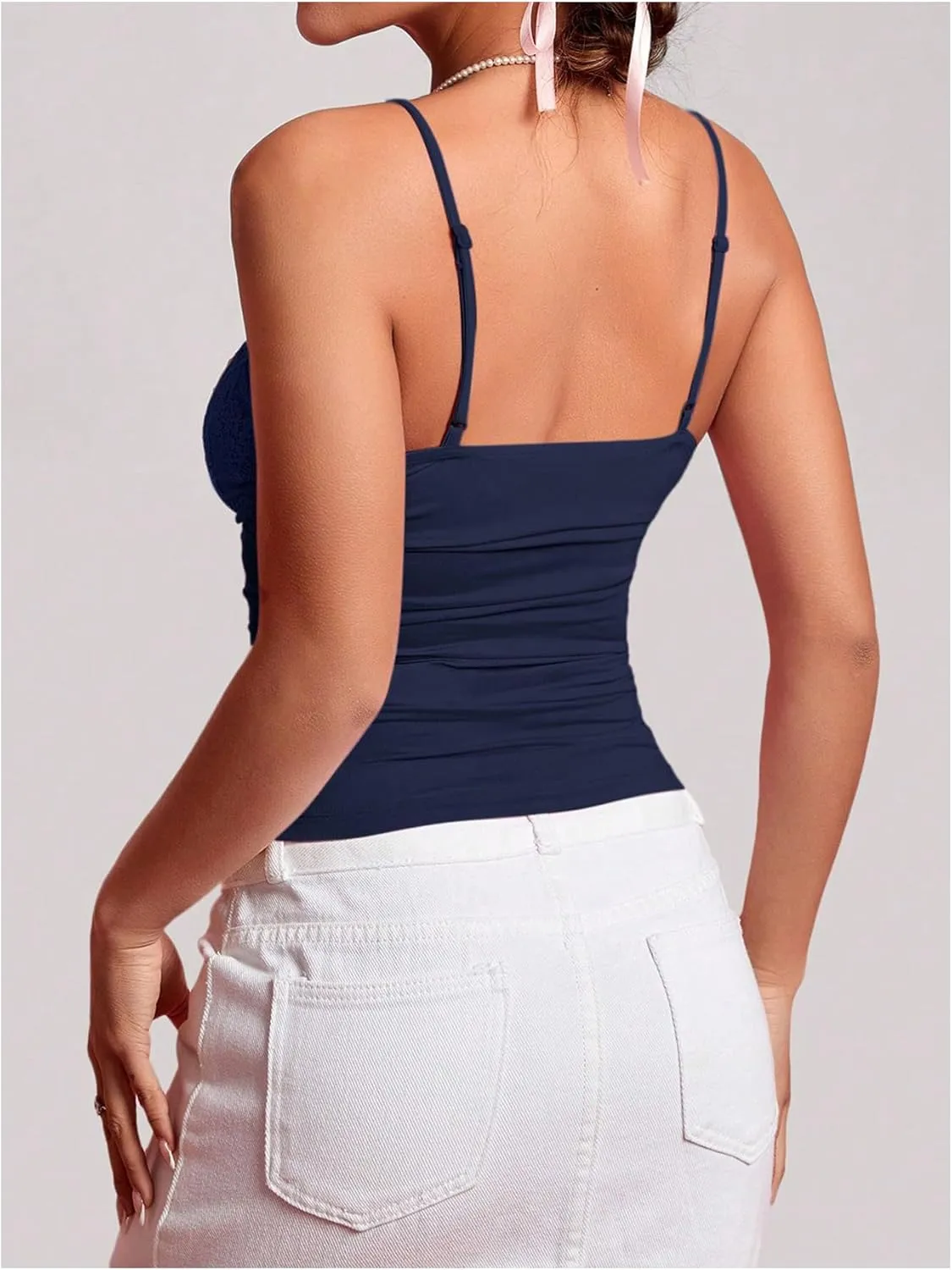 SHENHE Women's Lace Trim V Neck Bow Front Ruched Crop Cami Top Sexy Fitted Camisole Top