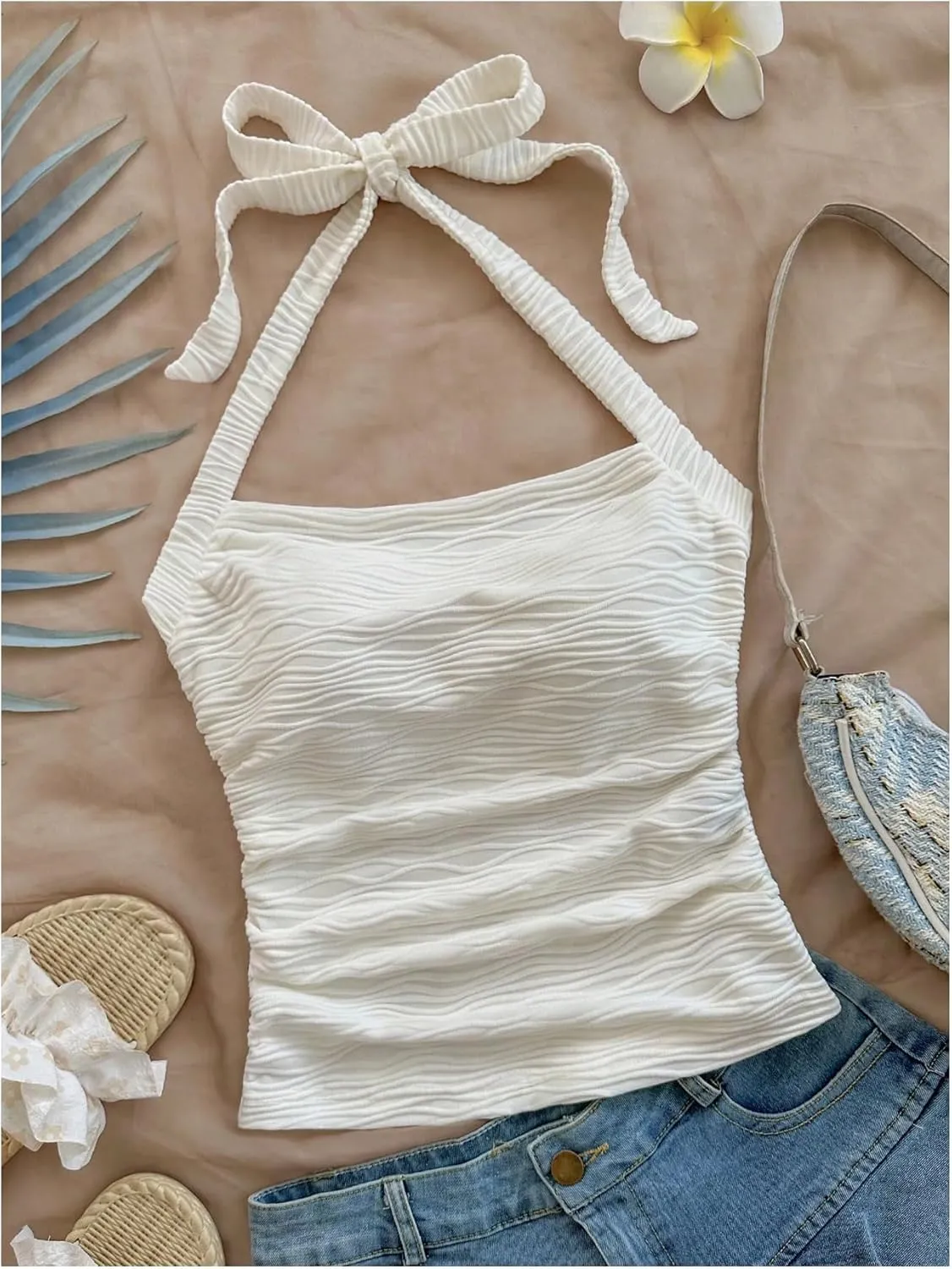 SHENHE Women's Textured Tie Back Halter Crop Top Sleeveless Backless Boho Cute Tank Top