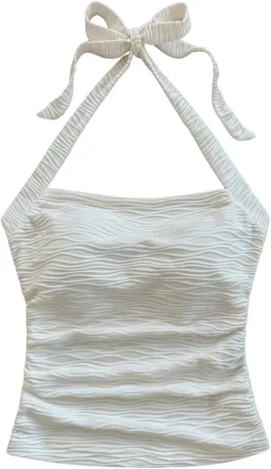 SHENHE Women's Textured Tie Back Halter Crop Top Sleeveless Backless Boho Cute Tank Top