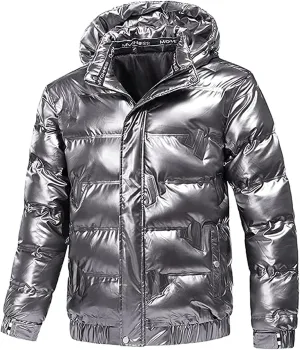 Shiny Puffer Jacket for Men Winter Warm Jackets Down Coat Oversized Bubble Coats Hooded Reflective Outerwear