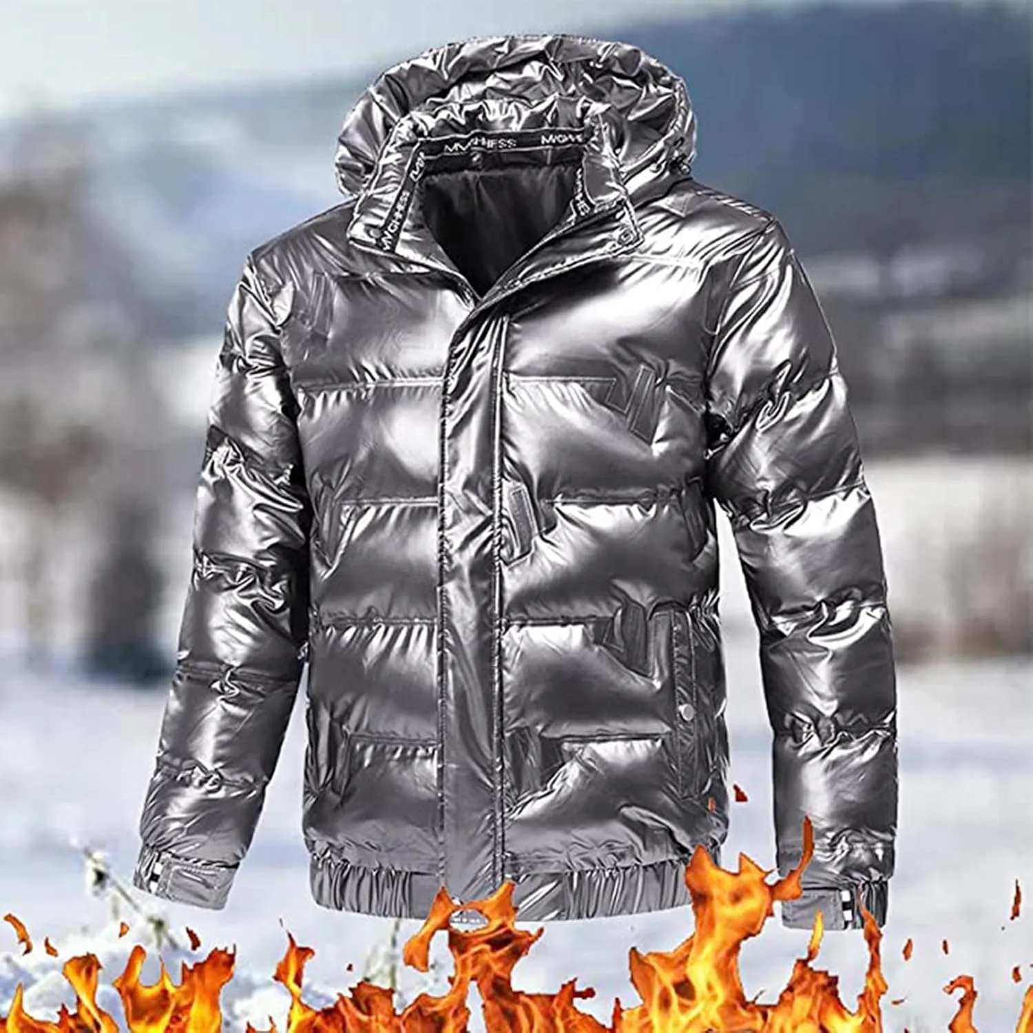 Shiny Puffer Jacket for Men Winter Warm Jackets Down Coat Oversized Bubble Coats Hooded Reflective Outerwear
