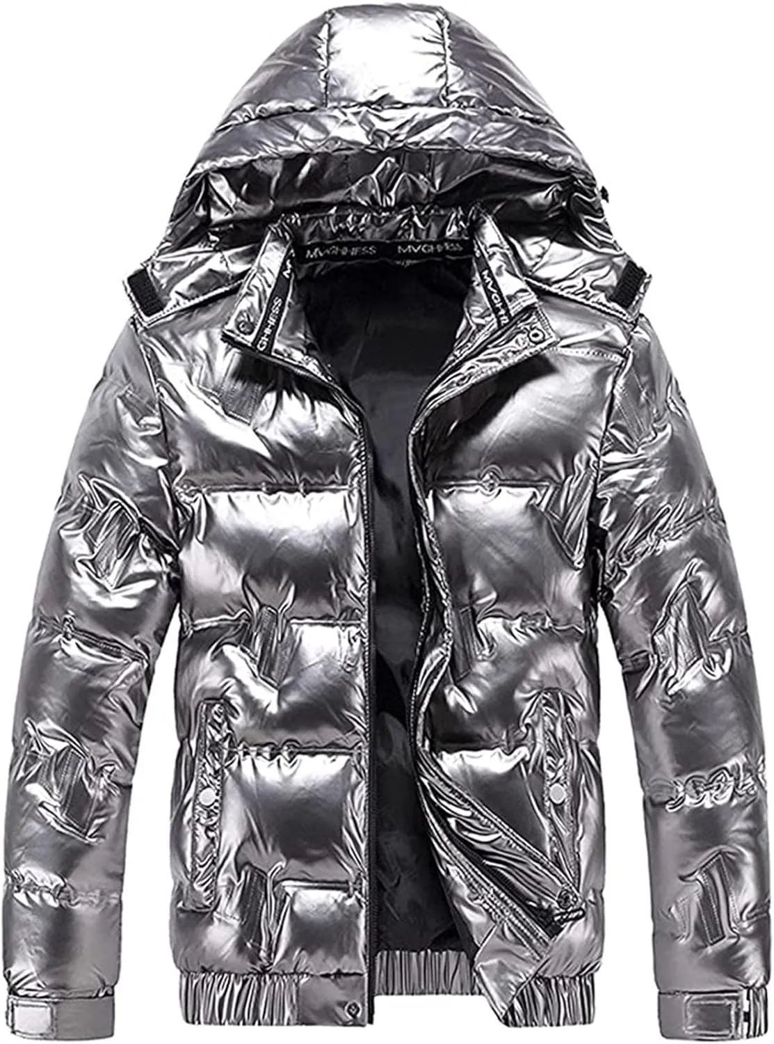 Shiny Puffer Jacket for Men Winter Warm Jackets Down Coat Oversized Bubble Coats Hooded Reflective Outerwear