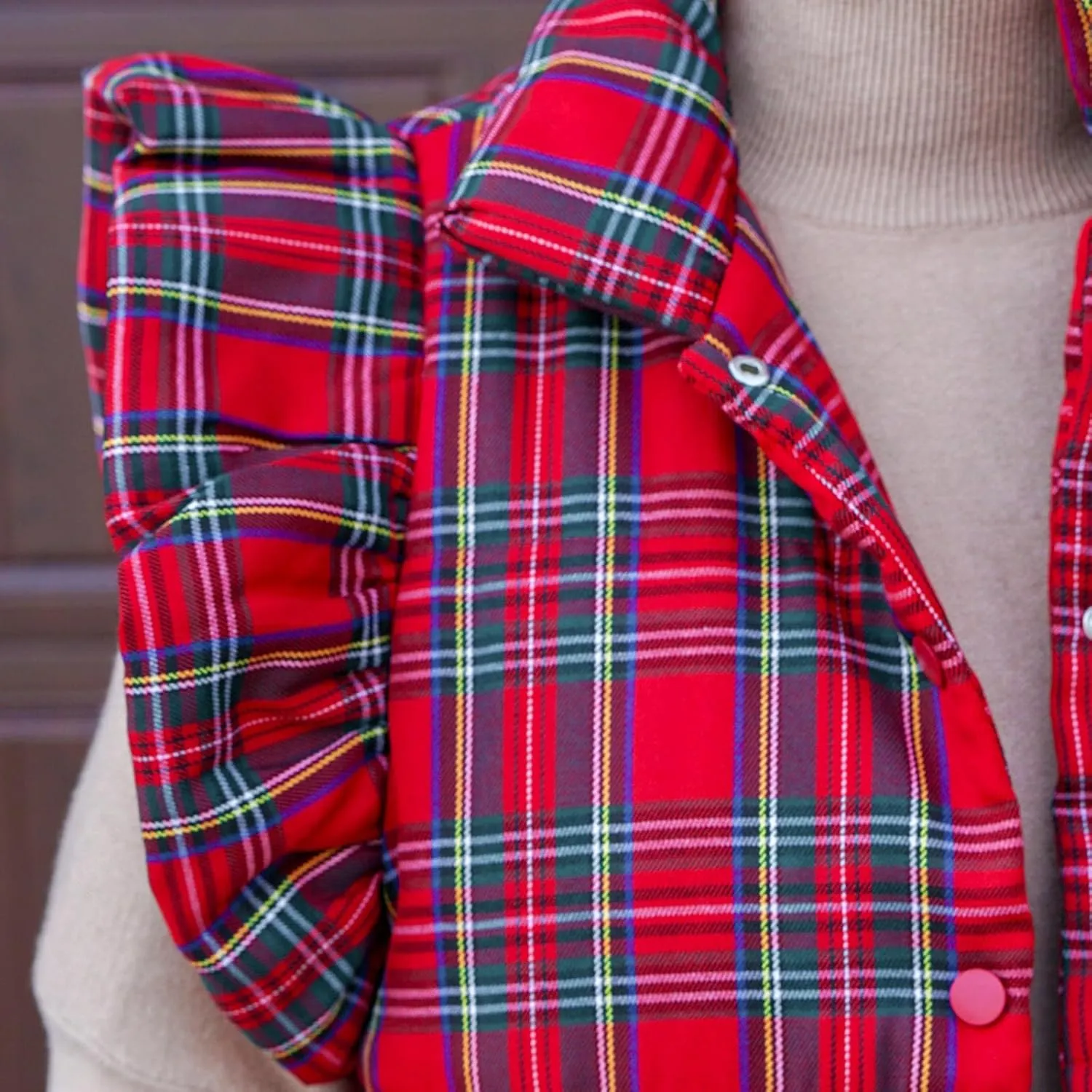 SOLILOQUY Women Christmas Plaid Quilted Vest Ruffle Sleevless High Neck Lightweight Puffer Waistcoat Vest Gingham Padded Coat