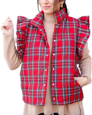 SOLILOQUY Women Christmas Plaid Quilted Vest Ruffle Sleevless High Neck Lightweight Puffer Waistcoat Vest Gingham Padded Coat