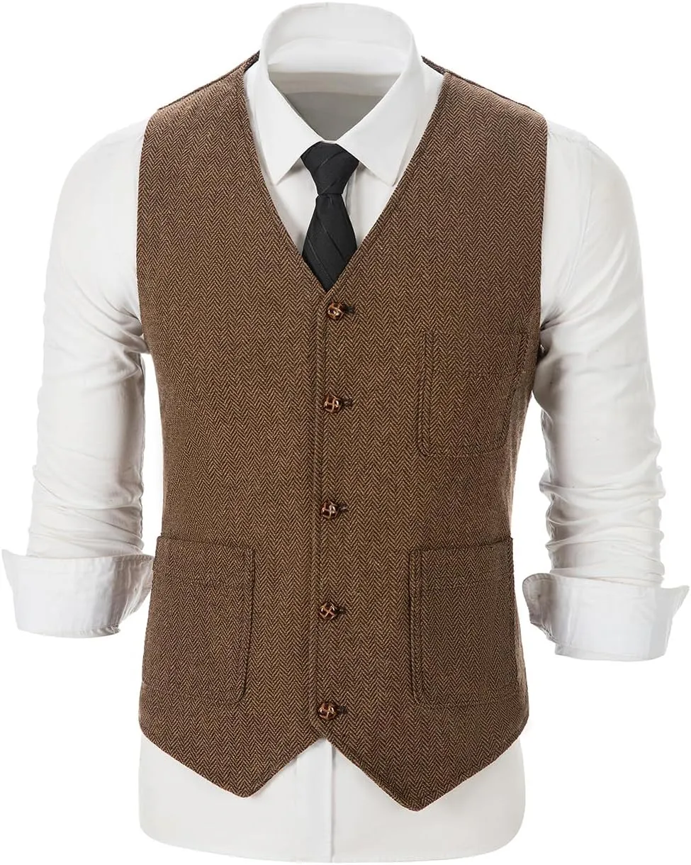 SOLOVEDRESS Mens Vintage Tweed Suit Vest V Neck Casual Wool Waistcoat for Wedding Groomsmen