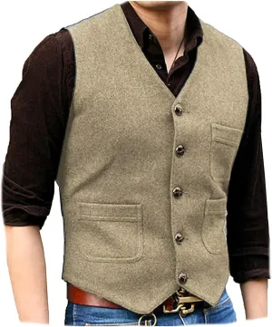 SOLOVEDRESS Mens Vintage Tweed Suit Vest V Neck Casual Wool Waistcoat for Wedding Groomsmen