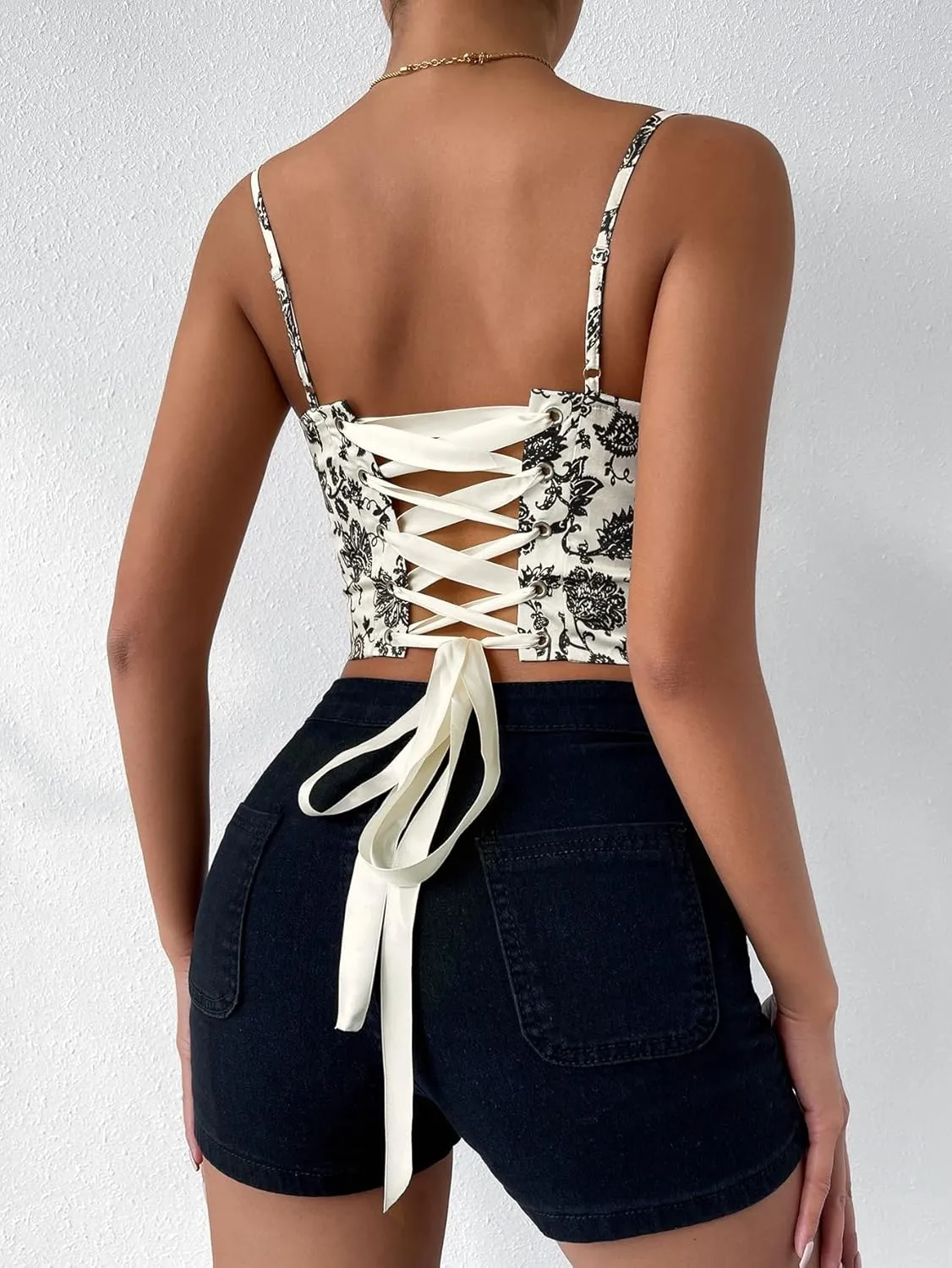 SOLY HUX Women's Cami Top Casual Cute Print Lace Up Back Sleeveless Spaghetti Strap Crop Corset Top