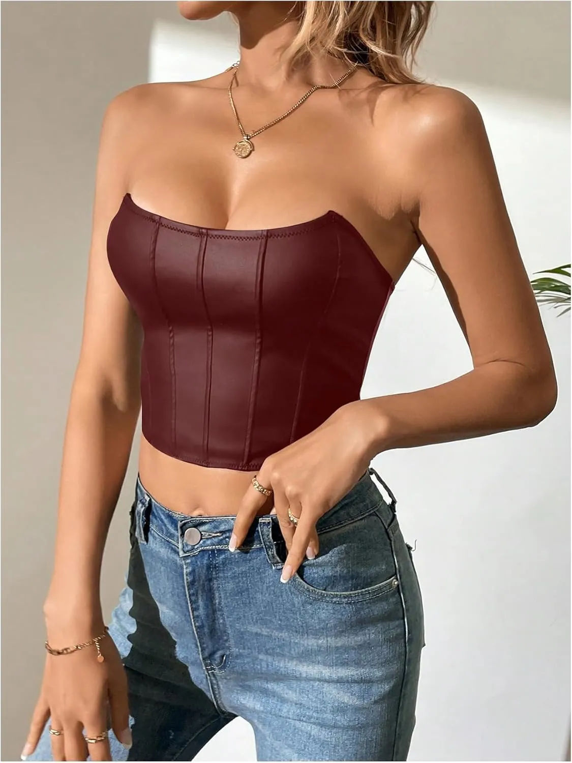 SOLY HUX Women's Corset Top Sexy Crop Tops Tank Top Camisole Backless Off Shoulder Strapless Shapewear