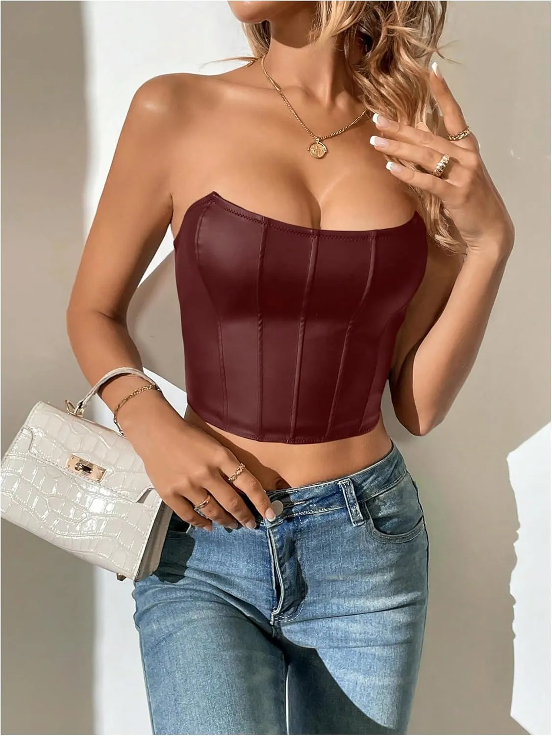 SOLY HUX Women's Corset Top Sexy Crop Tops Tank Top Camisole Backless Off Shoulder Strapless Shapewear