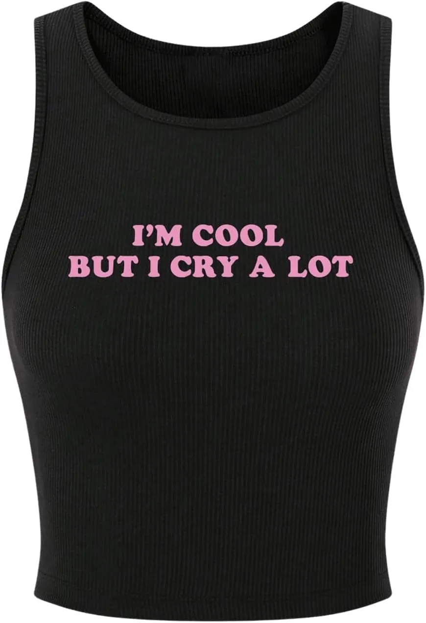 SOLY HUX Women's Y2K Letter Print Crop Top Sleeveless Rib Knit Tank Top Summer Vest Tops