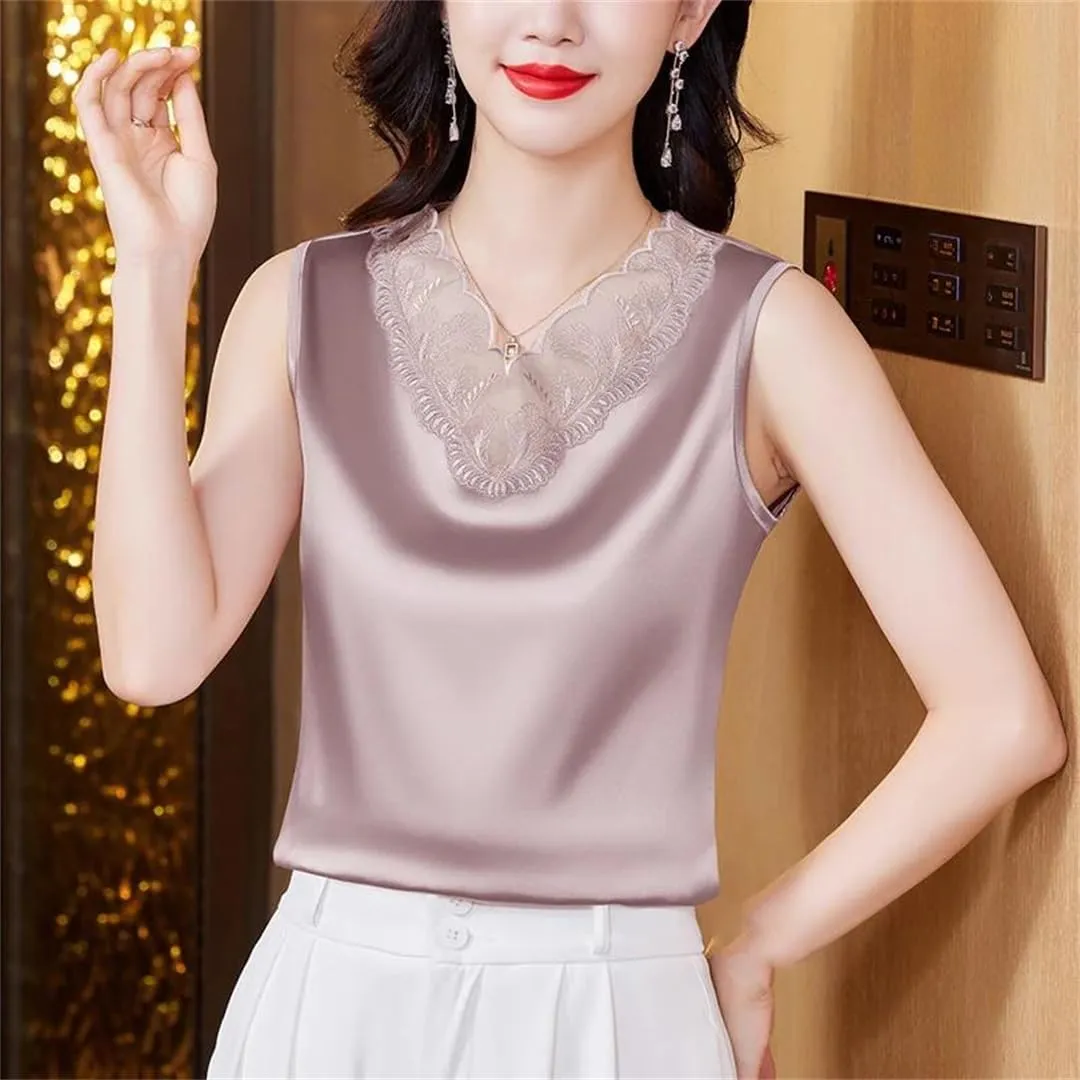 Spring Summer Satin Camisole Shirt Sleeveless Tank Top Women's V Neck Sexy Patchwork Lace Tank Top