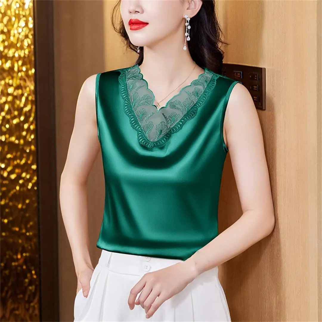 Spring Summer Satin Camisole Shirt Sleeveless Tank Top Women's V Neck Sexy Patchwork Lace Tank Top